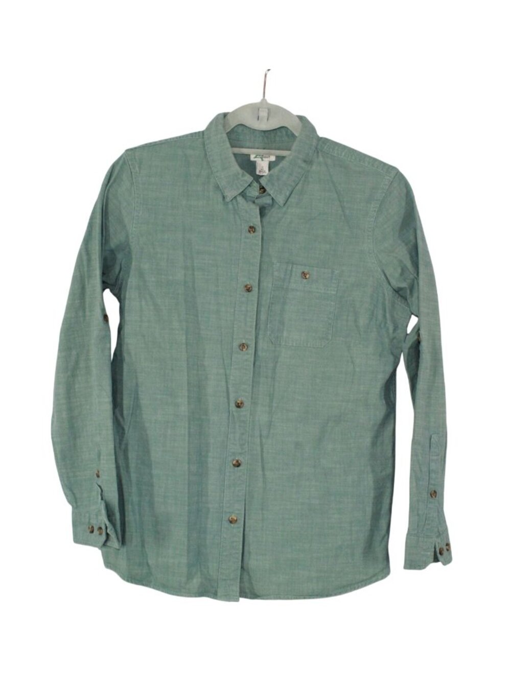 LL Bean Green Chambray Button Down Shirt Cotton Stretch Long Sleeve Small